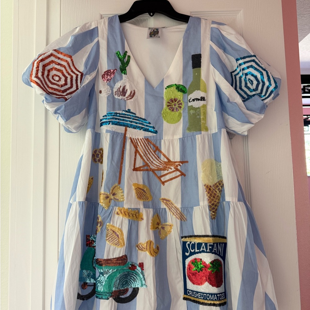 QUEEN OF SPARKLES Blue and White Striped Dress XS